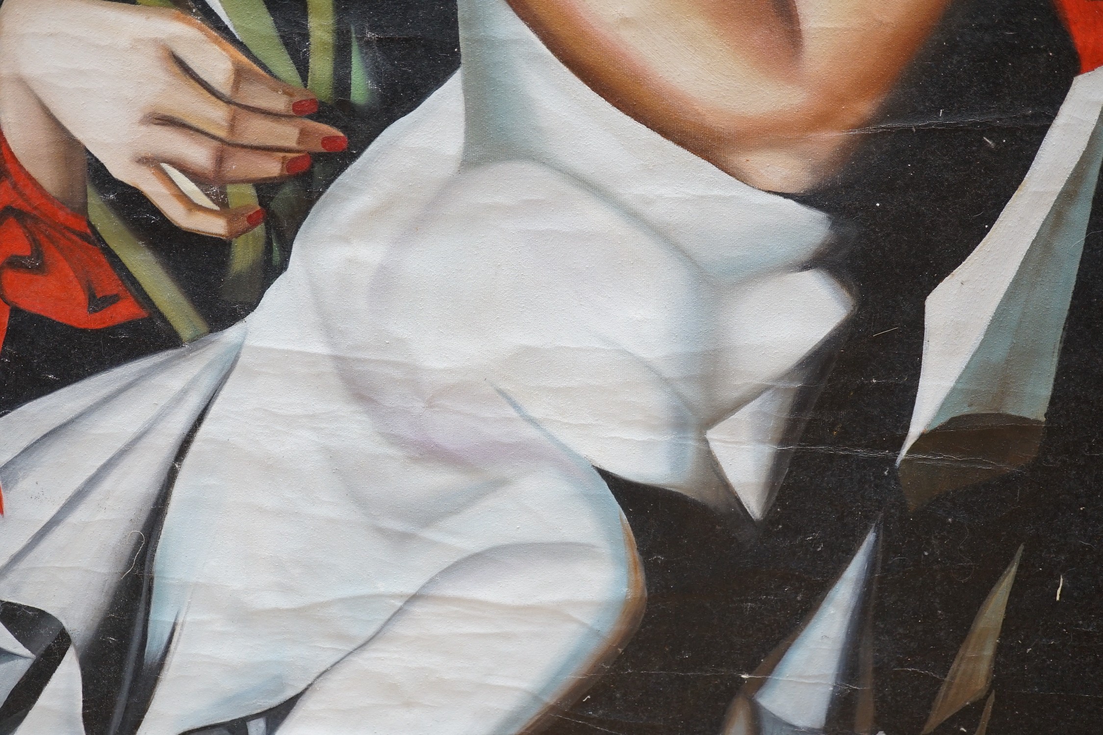 After Tamara de Lempicka, oil on canvas, Woman holding lilies, 99 x 69cm, unframed
